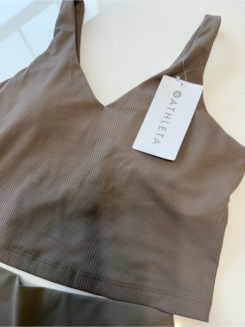 Athleta Ribbed V-Neck Crop Top & High-Waist Bike Shorts Set - Taupe Brown - Picture 2 of 4